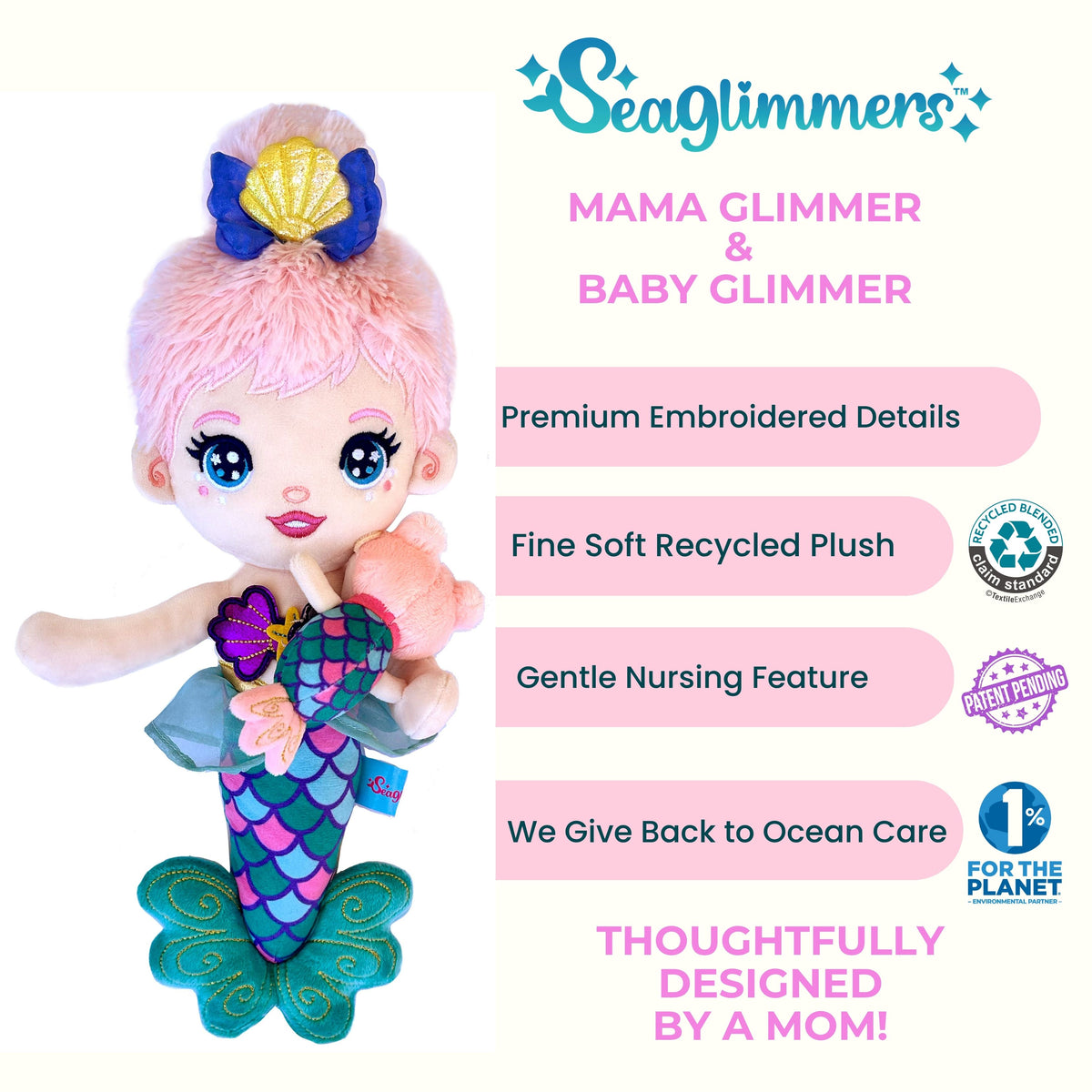 Seaglimmers Eco Plush Mermaid Doll and Baby 14 Inch Nursing Mama Glimmer