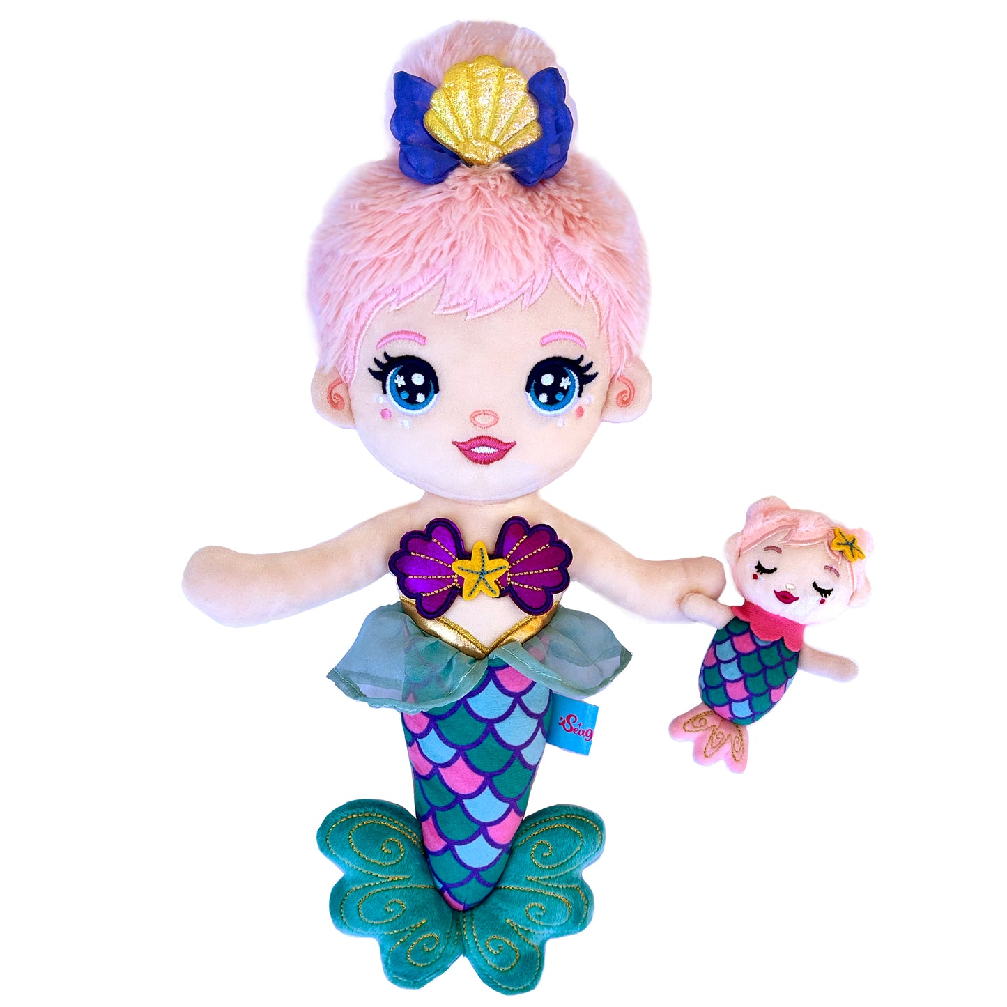 Seaglimmers Mama Glimmer 14 Inch Eco Recycled Plush Mermaid Doll with Baby: Light Pink Hair